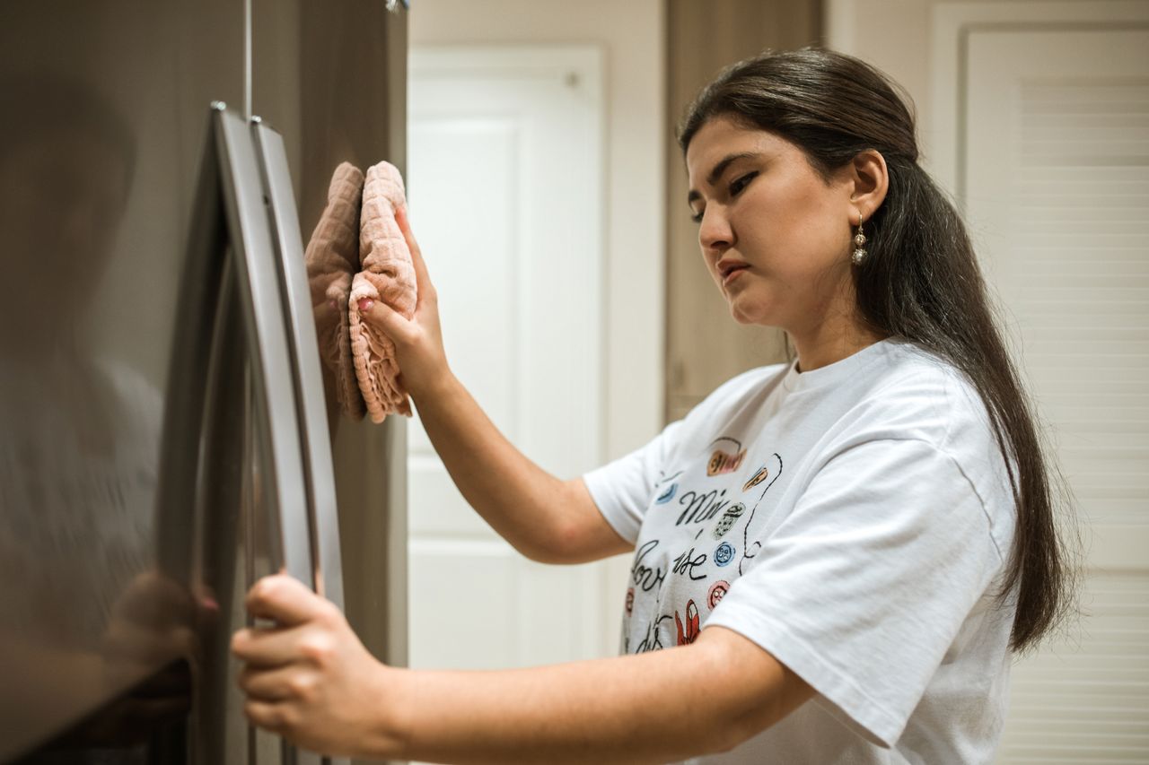 why-choose-us Woman cleaning a refrigerator door in a modern indoor kitchen setting with a focused expression.